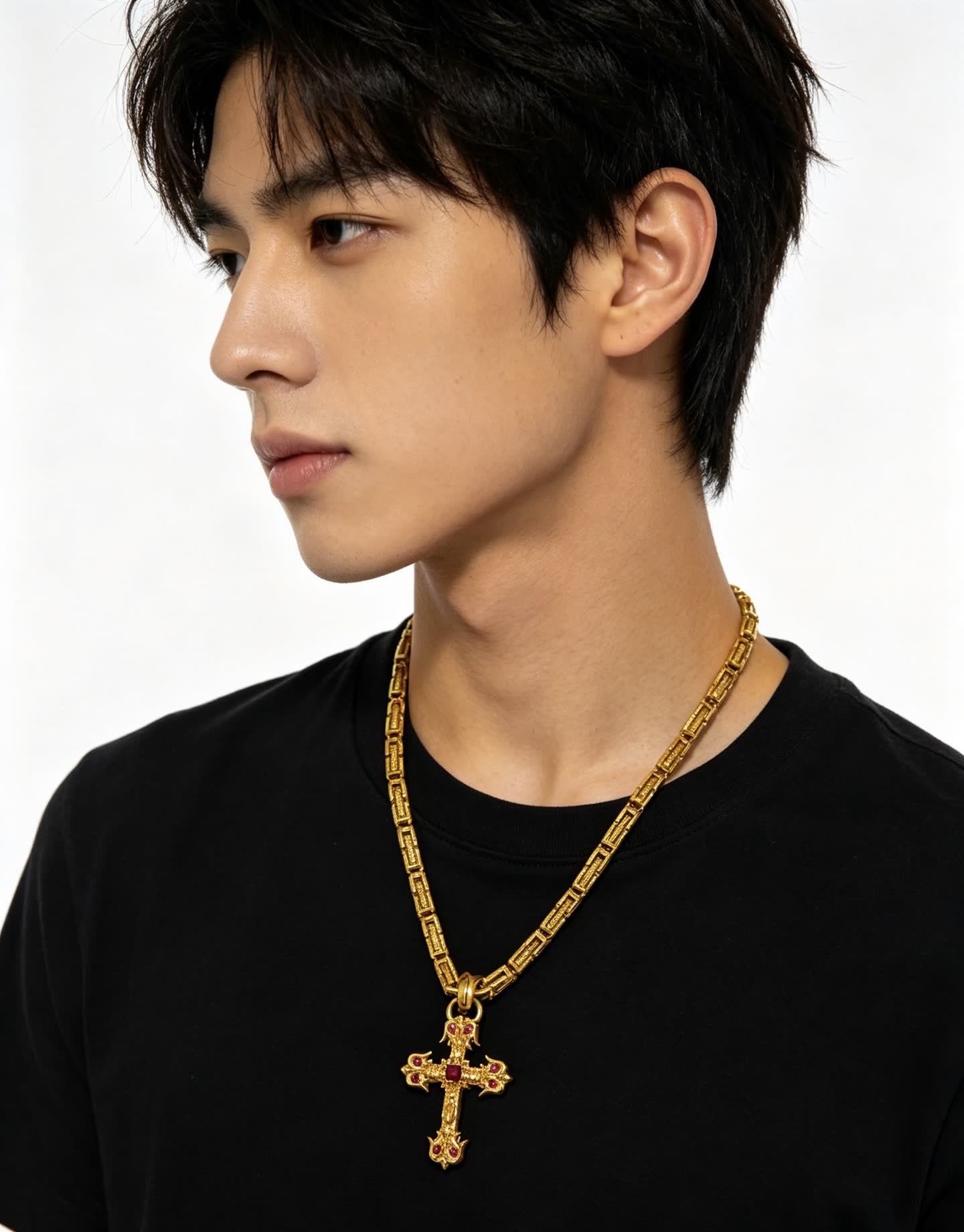 Chrome Hearts Gold Plated Cross Pendant with Ruby Stones